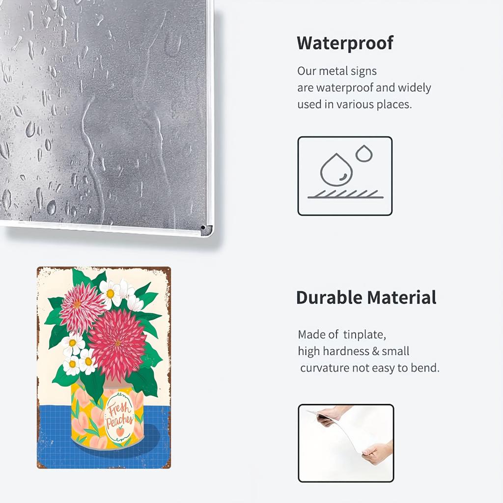 2D Flat, Vintage Metal Wall Art Sign - 20.32x30.48 Cm Floral Tin Painting with Pink Daisies & Flowers, Rustic Home Decor for Hal