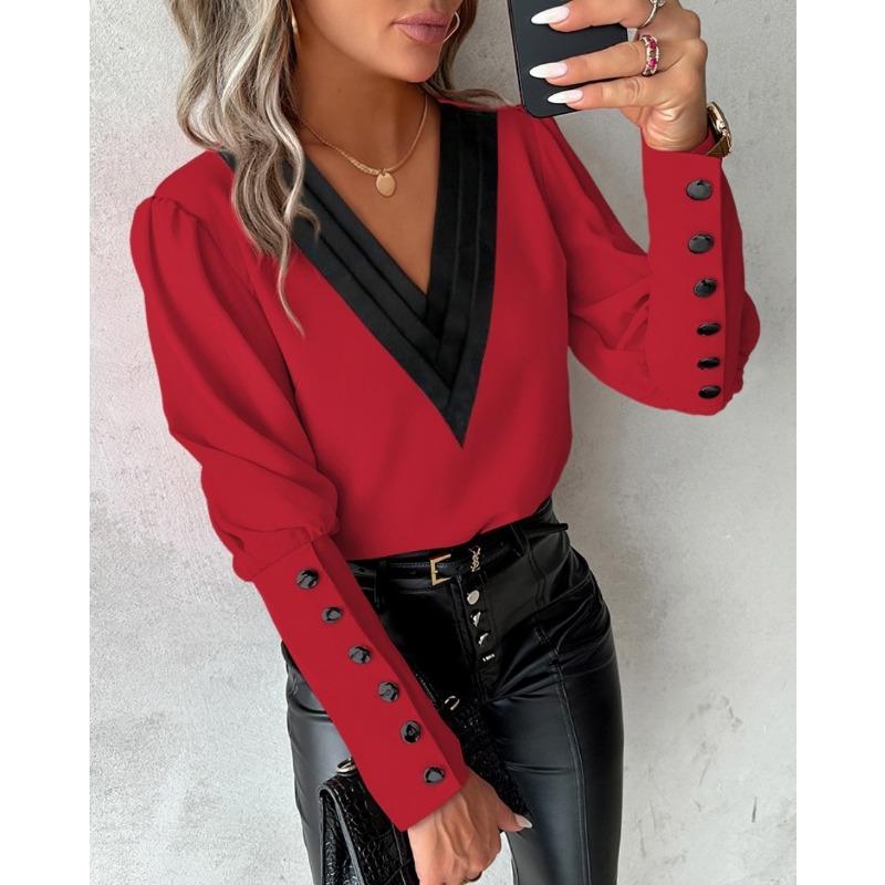 V-neck Long Sleeve Buttons Loose Women Blouse Spring Autumn Fashion Office Shirt Casual Color Patchwork Fashion Elegant Simple Streetwear Vintage Tops