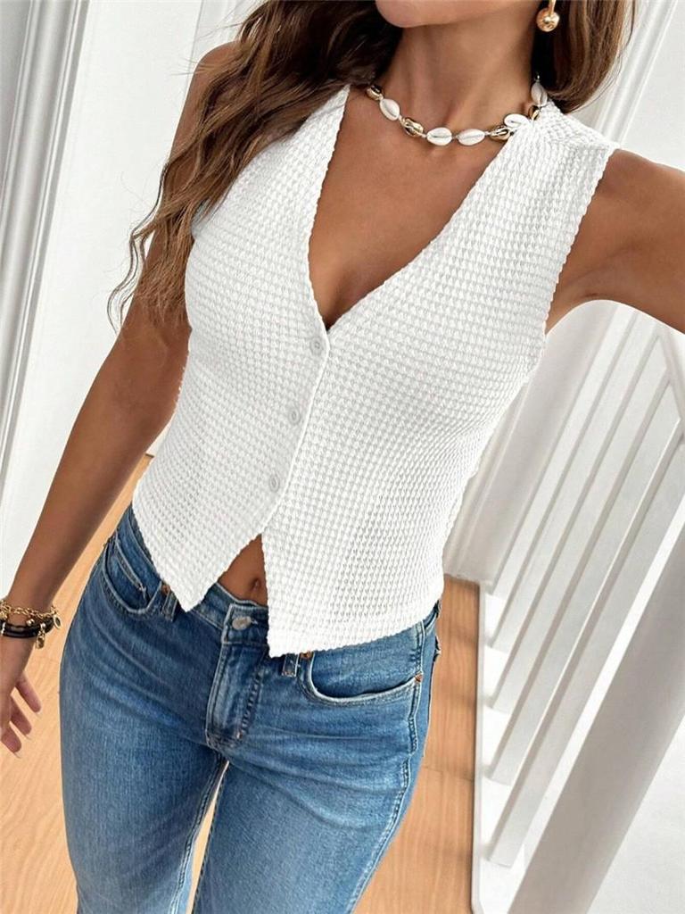 2025 Casual Versatile V-Neck Three-Button Women's Vest T-Shirt