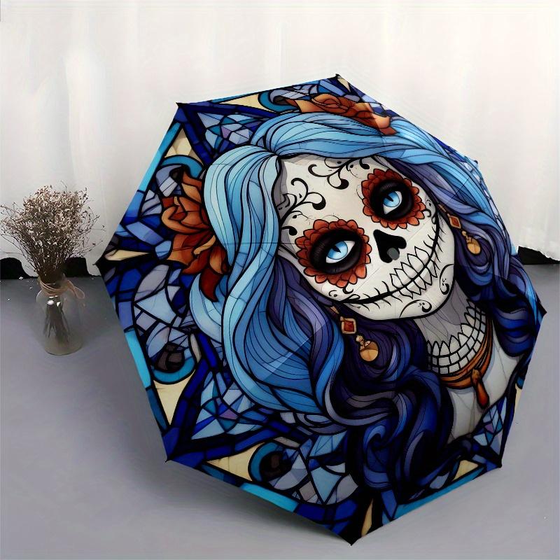 Day of the Dead Sugar Skull Stained Wall ArtUmbrella, Portable 3-Fold Compact Umbrella,Christmas Gift ES666