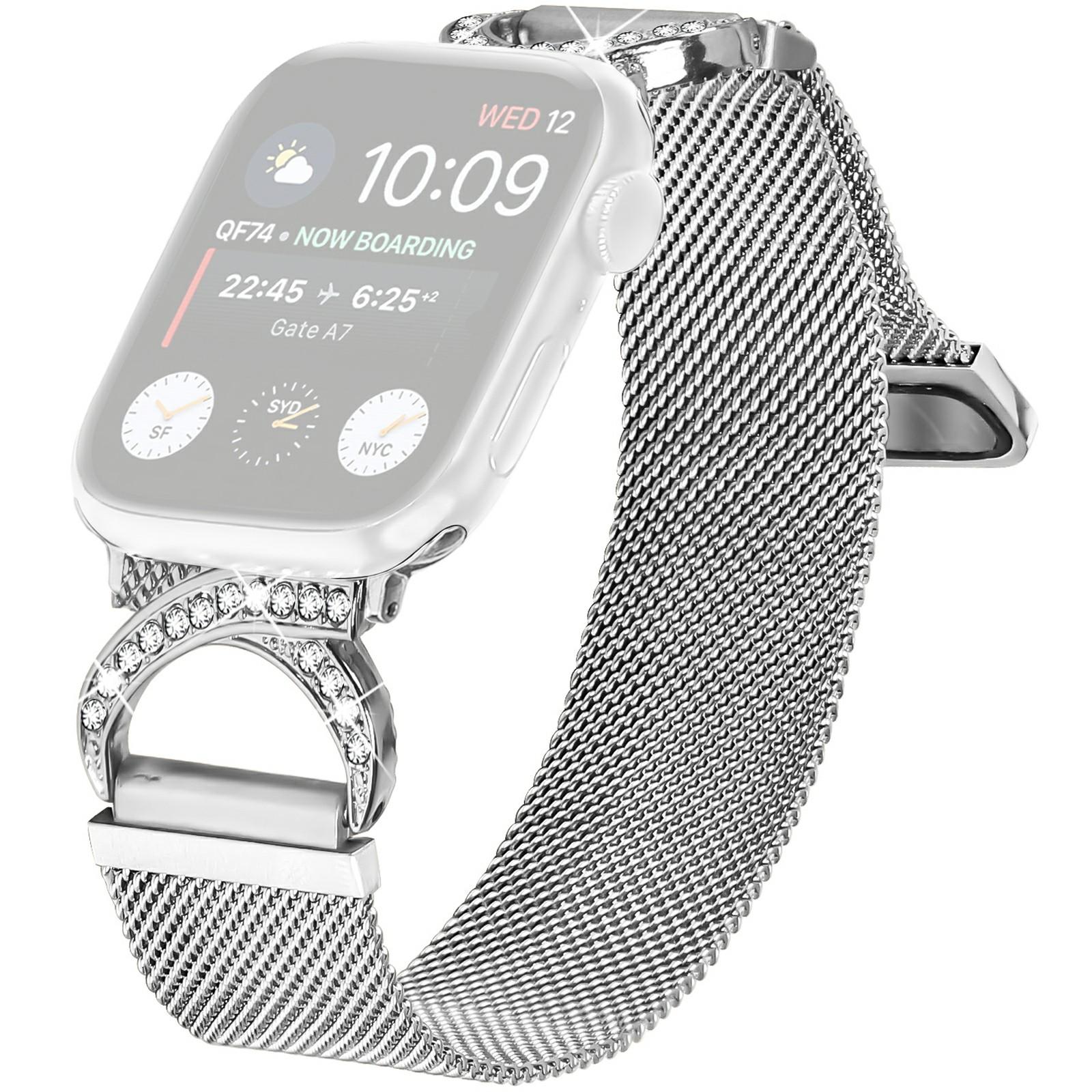 

Watch Band for Apple Watch Series 10 9 8 7 SE 6 5 4 3 2 1 42mm 41mm 40mm 38mm Milanese Silver Metal Strap Rhinestone Decor As shown A