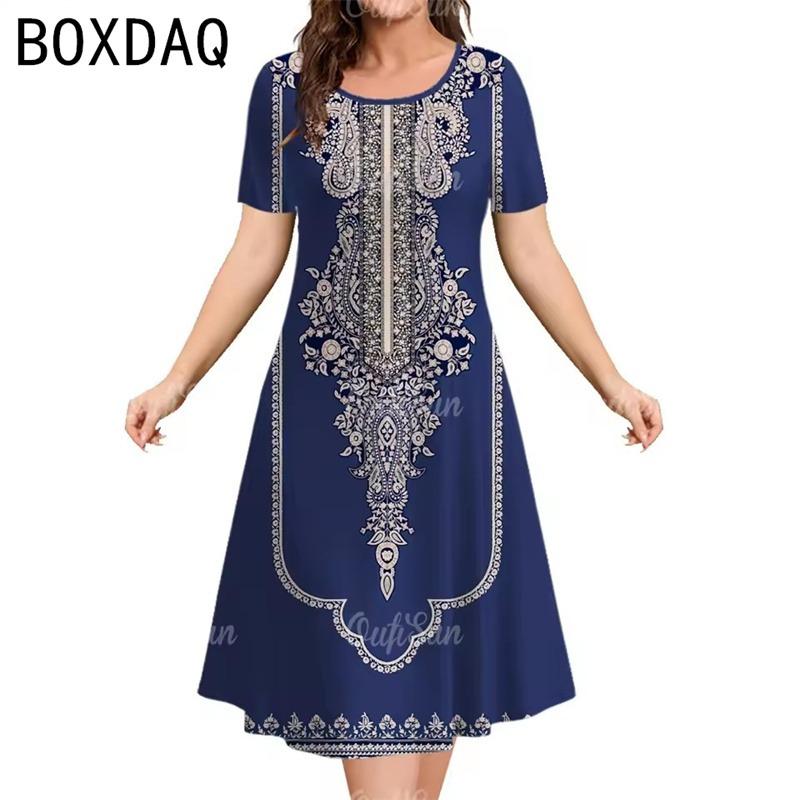 Damen Vintage Böhmisch Ethnisch Bedrucktes Kleid Sommer Große Größe Kurzarm Rundhals Lässiges Kleid Elegantes Damen Mini A-Linien Kleid