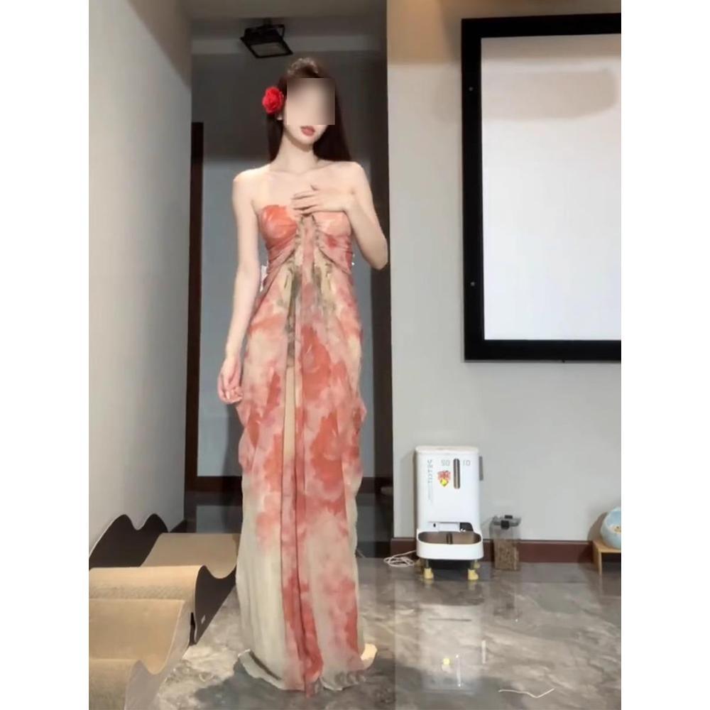 Retro Batik Plissee Trägerkleid Damen Sommer Strand Meer Urlaub Langes Kleid Temperament Ärmellos Lockerer Rock