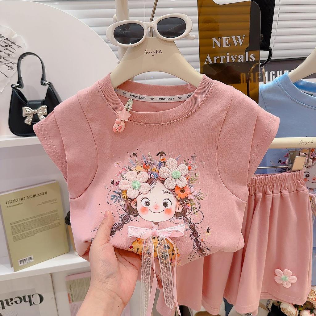 2026 Summer Girls' Cotton Short-Sleeve T-shirt and Shorts Set - Casual Stylish Two-Piece for Kids