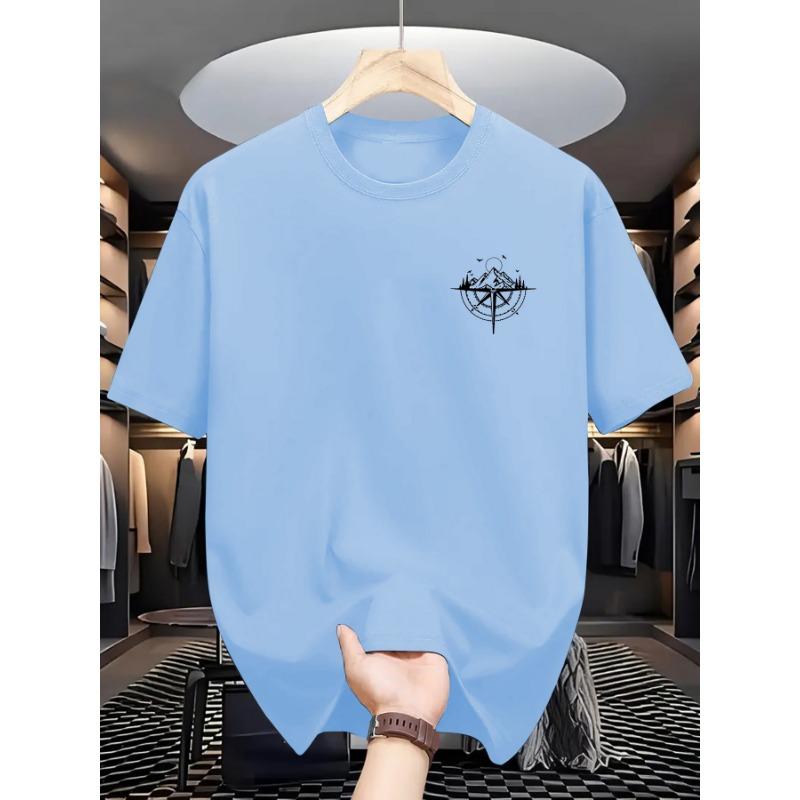 Summer Men's 100% Cotton Mountain Compass Graphic Printed Casual Loose Sports Comfortable Round Neck Short Sleeve T-shirt Top