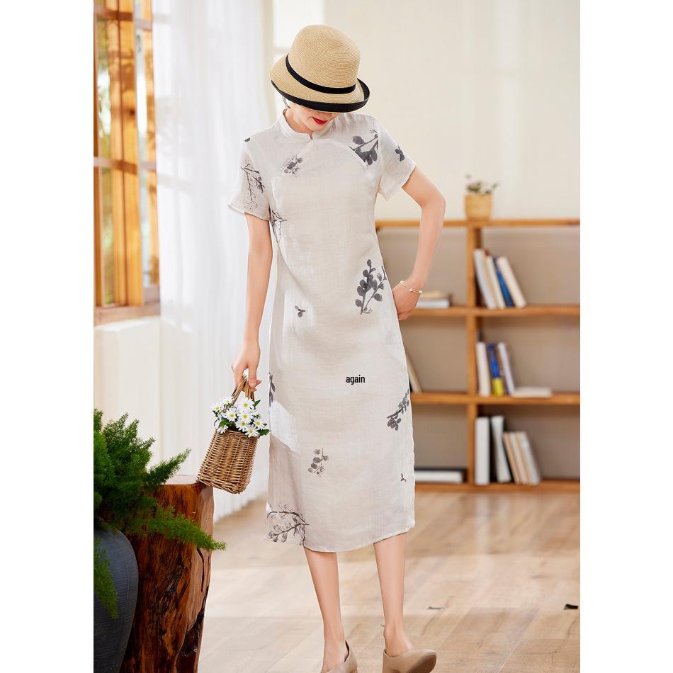 2022 Summer Ramie Print Women's Retro Travel Dress with Stand Collar & Short Sleeves