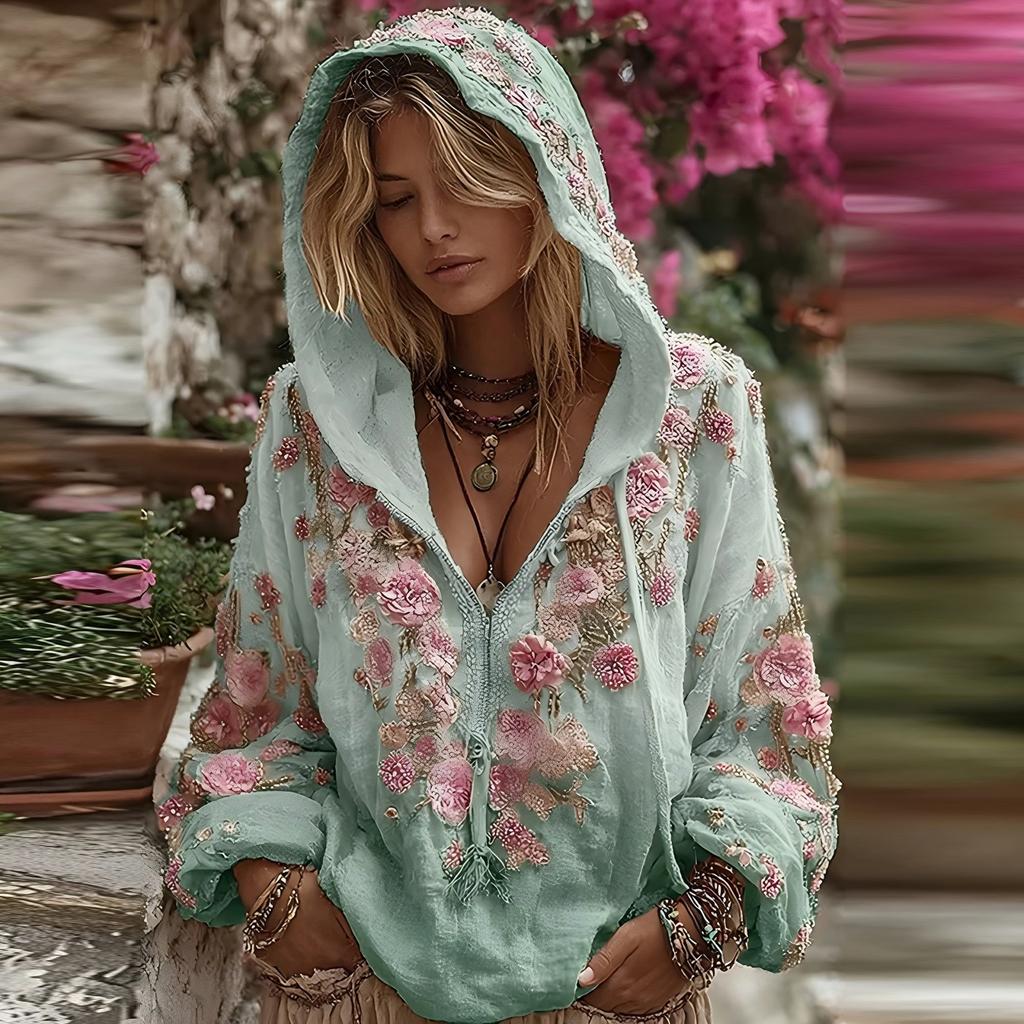 Damska Moda Bluza z Długim Rękawem z Kapturem w Stylu Vintage z Nadrukiem Kwiatowym Casualowa