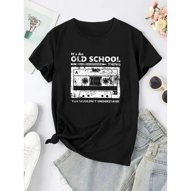 European Size Women's Magnetic Tape Print Short-Sleeve T-Shirt - Casual Round Neck Blouse, Machine Washable