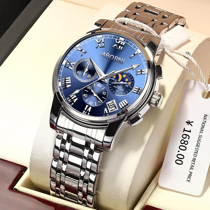 Original Stainless Steel mens watch Silver Blue Luxury Luminous Quartz Watches for Man Waterproof Wristwatch Reloj Hombre Clock