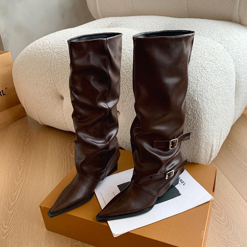 

Дизайнерские винтажные женские сапоги с острым носком до колена, модные толстые каблуки, современные длинные сапоги, женская обувь 38