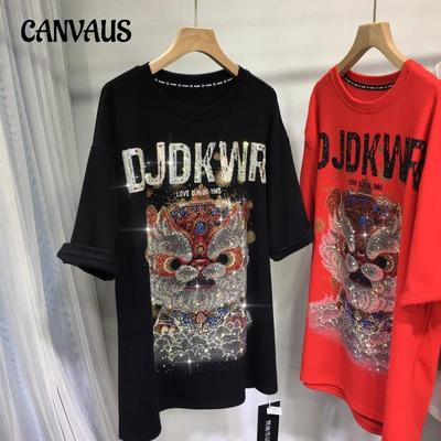 Sommer Damen Drill Kurzarm T-Shirt Dragon Loose Verdicktes gefrästes Oberteil