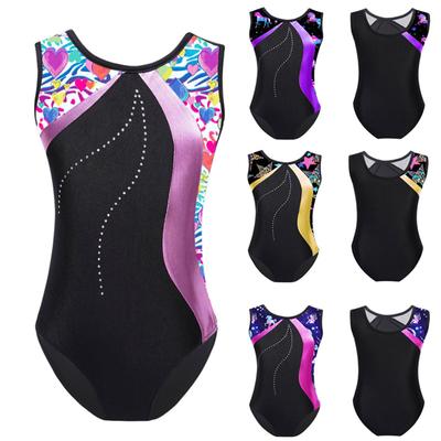 Kids Girls Stylish Print Leotard Sleeveless Bodysuit for Gymnastics Training Stage Performance