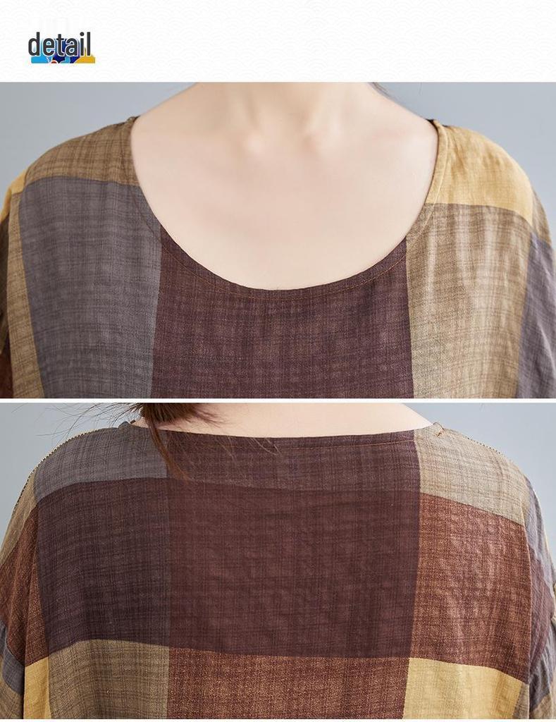 2023 Spring/Summer Plus Size Women's Cotton Linen Print Midi Dress - Short Sleeve