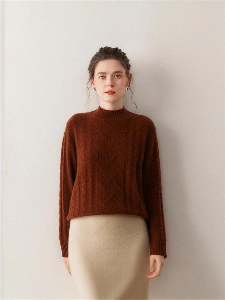 Autumn-Winter Cashmere Double-Strand Thickened Half-High Collar Cable Knit Pullover Sweater