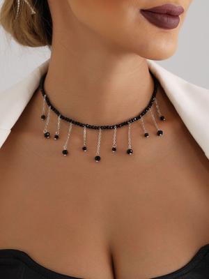 Retro Zwarte Kralen Franje Kristallen Hanger - Luxe Ketting