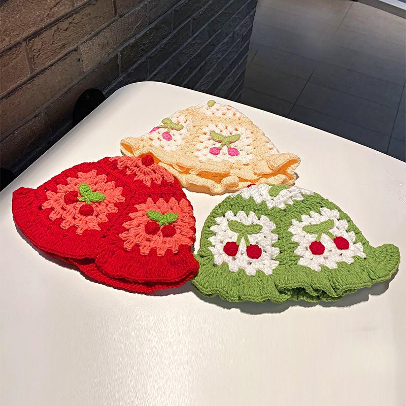 Women Cherry Theme Stretchy Knitted Hat Fashion Hollow Ruffles Vibrant Bucket Hat Bowler Hat Handmade Crochet Cute 58cm