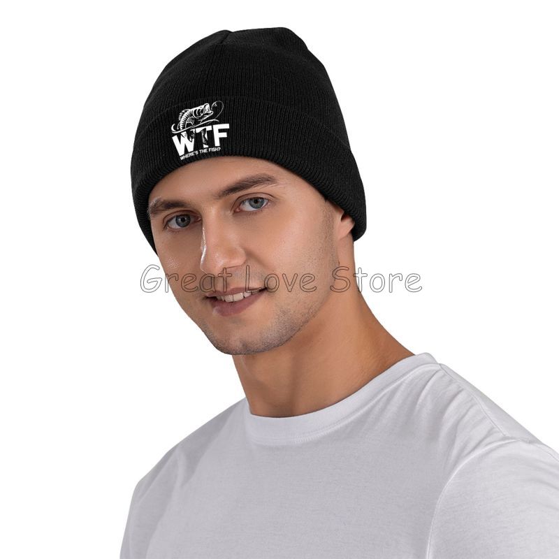 WTF Where's The Fish Print Beanie Hats Skullies Beanies Warm Soft Men Women Elastic Caps Autumn Winter Graphic Bonnet Hats
