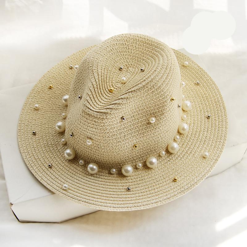 Ymsaid 2022 New Summer British pearl beading flat brimmed straw hat Shading sun hat Lady beach hat