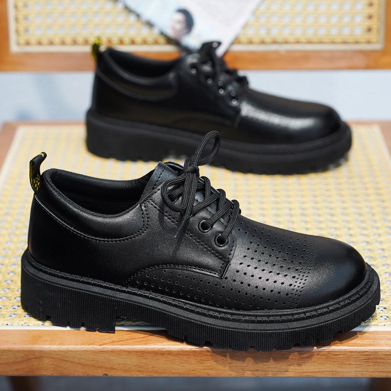 

2025 spring men s casual low-top platform lace-up leather shoes black versatile leather surface punching breathable leather shoes men s shoes 44