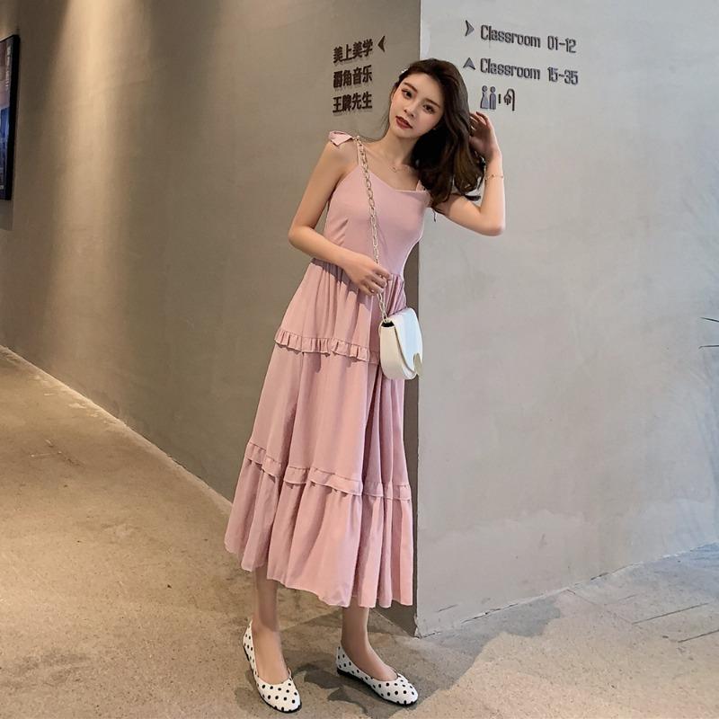 Sommer Neu Einfarbig Krawatte Schleife Sexy Träger Kleid Damen Retro Hohe Taille A-Linie Lässig Locker Lange Kleider Damen Mode Slim Fit Rüschen Elegantes Kleid 26371