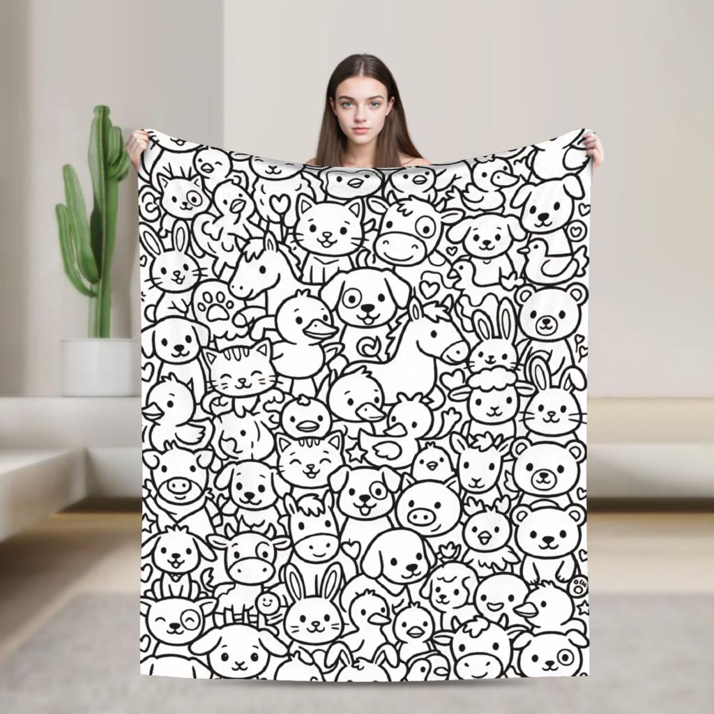 Jungle Wild Animals Doodle Collection Line Art Graphic Flannel Blanket Girl  Soft Throw Blanket Winter Bedspread Sofa Bed Cover