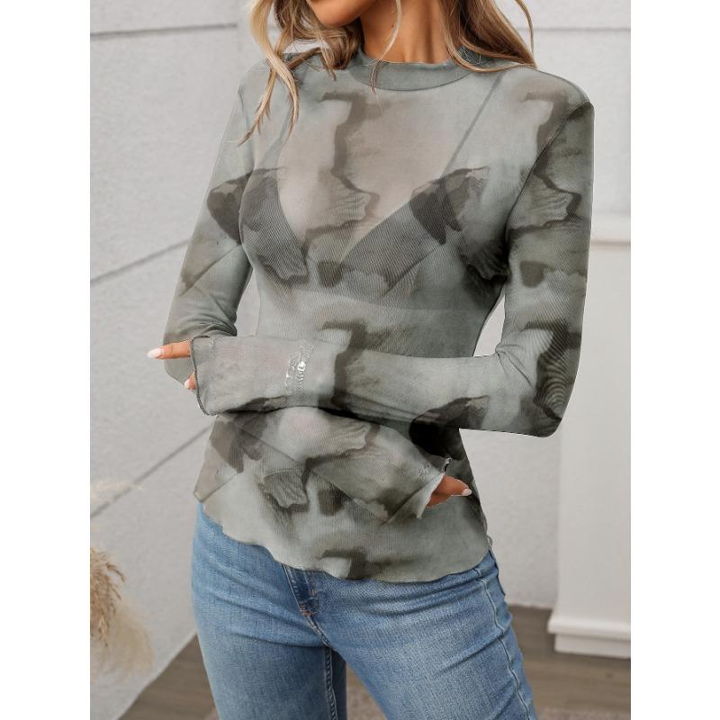 Women S Sexy Y2k Sheer Mesh Long Sleeve T Shirt Half High Neck Slim Fit