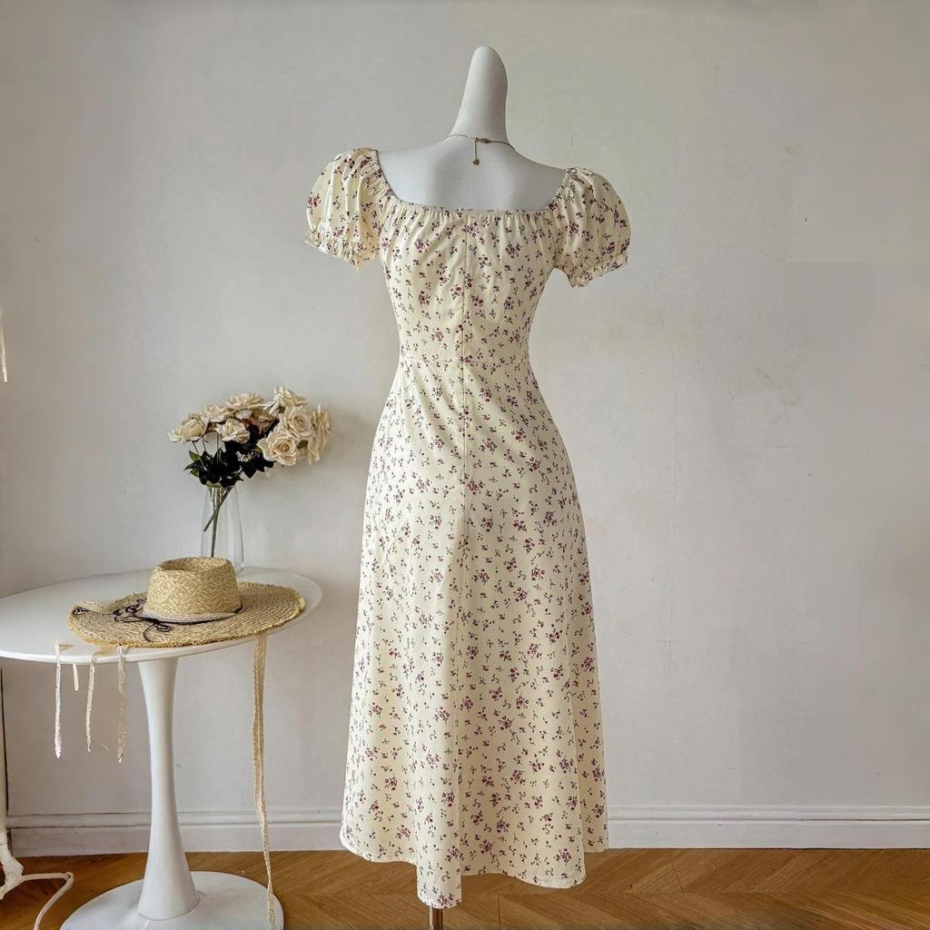 European American Women's Summer 2026 Floral Square Neck Lace-Up Ruffle Dress