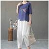 Cotton and Linen Blouse Women's Summer Plus Size Women's Chinese Ethnic Style Embroidery Literary Retro Season T-shirt Thin and Loose