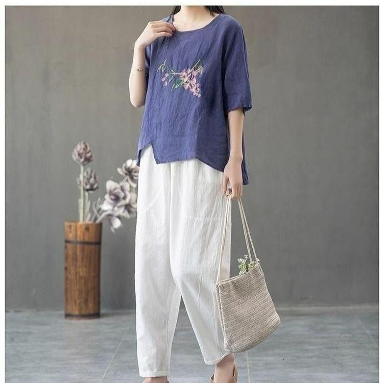 Cotton and Linen Blouse Women's Summer Plus Size Women's Chinese Ethnic Style Embroidery Literary Retro Season T-shirt Thin and Loose