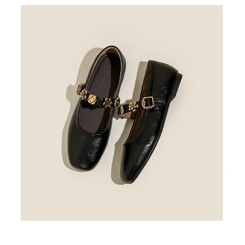 Fashion French Style Flat Ballet Shoes Women's Mango Head Soft Retro Mary Jane Shoes Leather Version Low Heel round Toe Rubber Sole