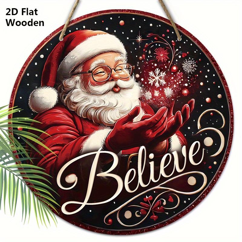 

Believe Wooden Christmas Sign with Santa Claus Pattern - Navidad Round Sign for Front Door, Wall Hanging Decor - Ideal Christmas Ornament 20cm/7.87in