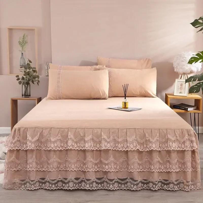 Luxury Lace Bed Skirt Summer Bedspread Solid Satin Rayon Bed Linen Couple Bedding Single Double Queen King Size Bed Sheet