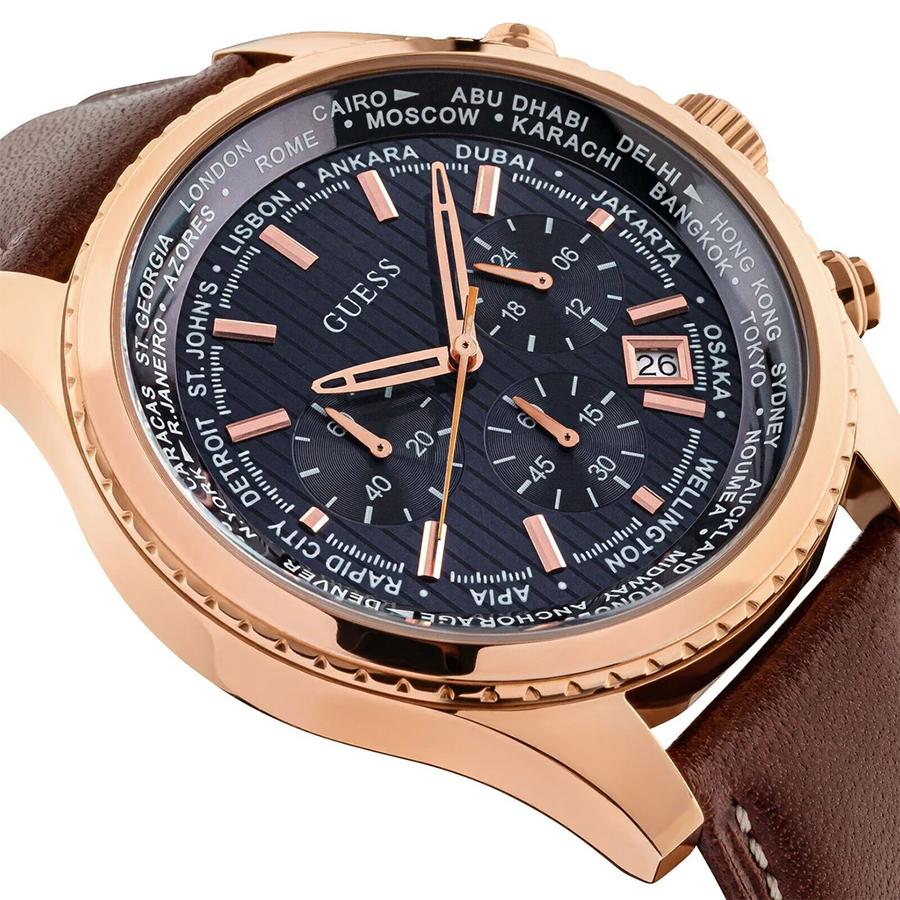 Men Chronograph Casual Quartz Watch with Date Display Stopwatch Brown Round Dial and Leather Strap Watch for Daily Business Traveling Gift W0500G1