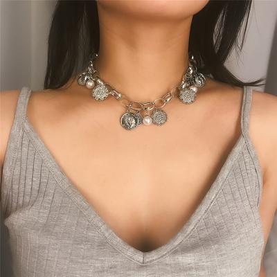 2024 Portrait Coin Pearls Choker Flower Pendant Thick Chain Necklace Wedding Jerwelry