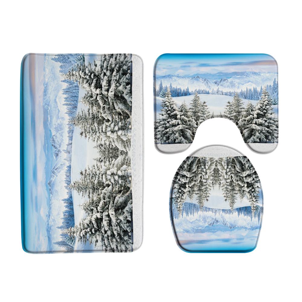 Snow Cedar Landscape Christmas Bathroom Shower Curtain Set Waterproof Bathtub Curtains Toilet Cover Mat Non Slip Rug Set