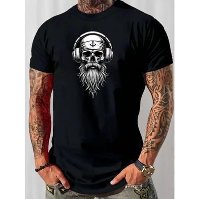 Europese Maten Heren Marineblauw Grafisch T-shirt - Schedel met Koptelefoon Ontwerp, Zachte Stretch Gebreide Stof, Normale Pasvorm Casual Dagelijks & Formeel Wear T-shirt