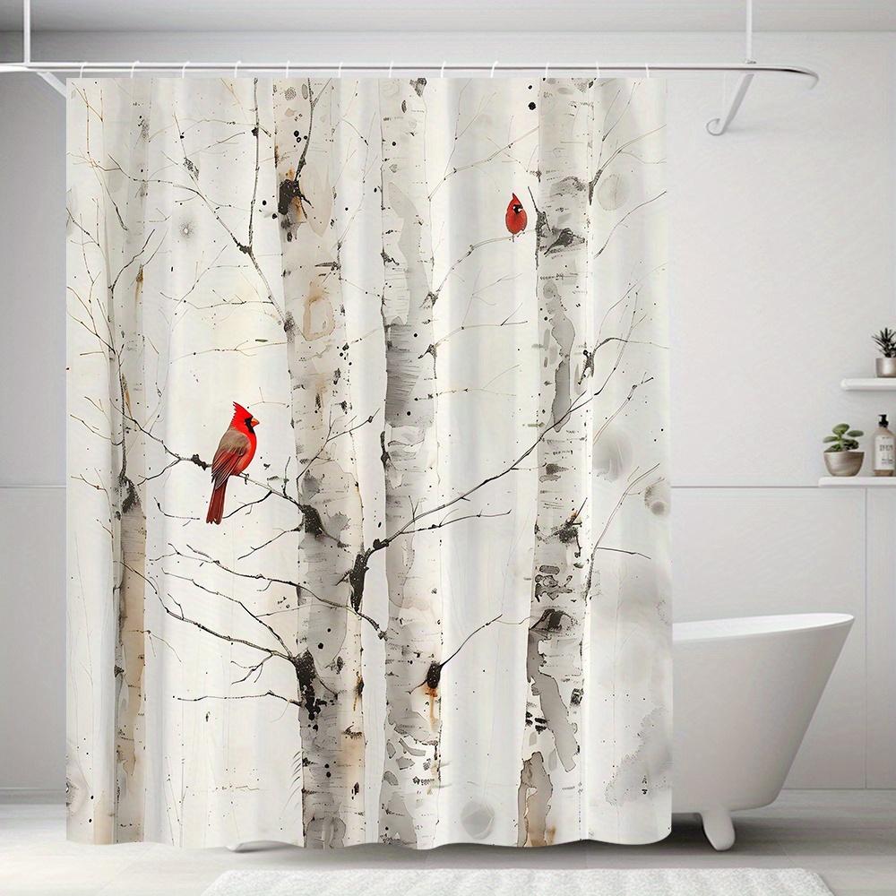 Birch Tree Shower Curtain Red Cardinal Bird Nature Print Bathroom Decor Waterproof Curtains Minimalist Home Style