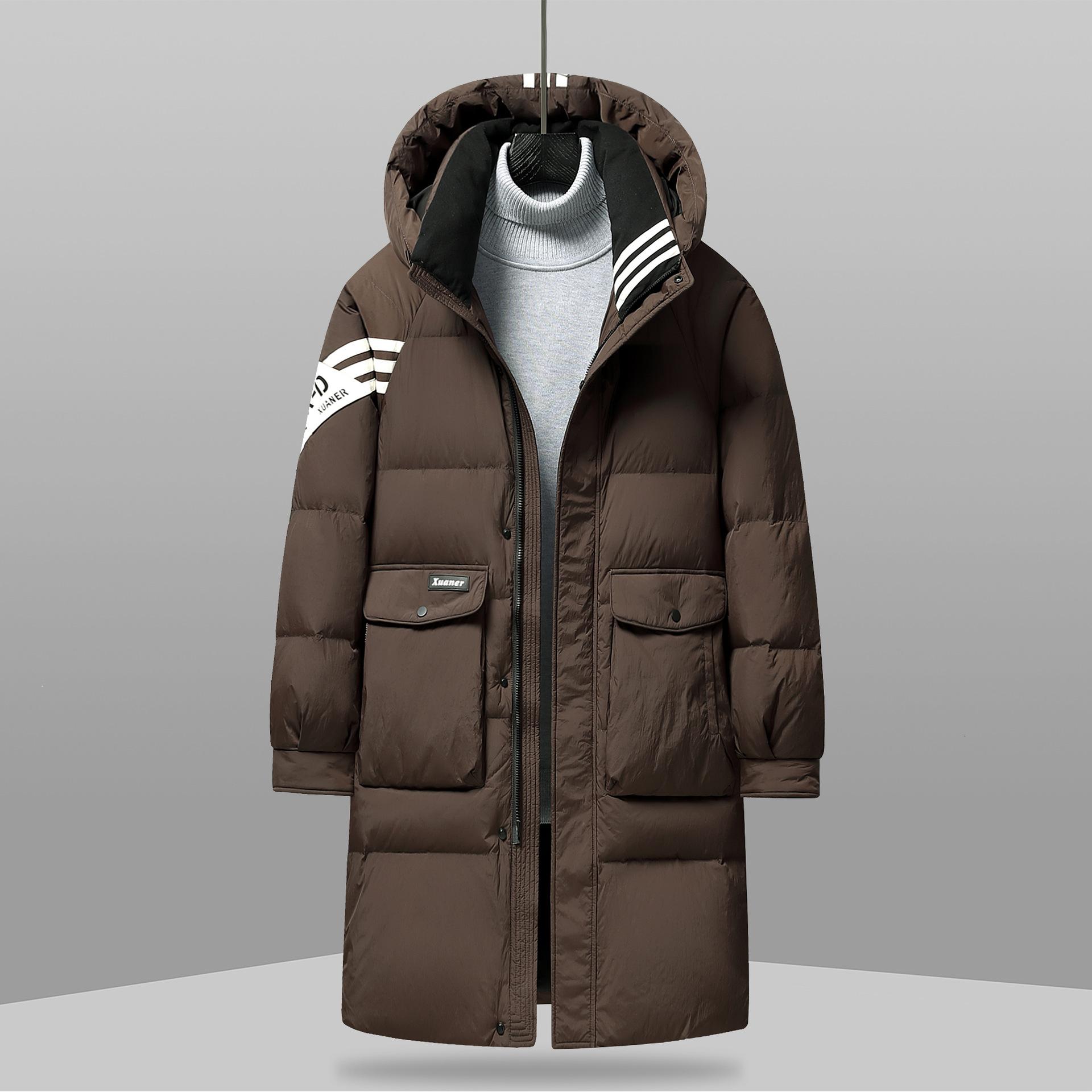 

Трендовый пуховик средней длины, зимняя новинка, молодежный, в полоску, пух белой утки, свободный, холодостойкий, теплая куртка, хлопковая куртка 3XL темно-коричневого