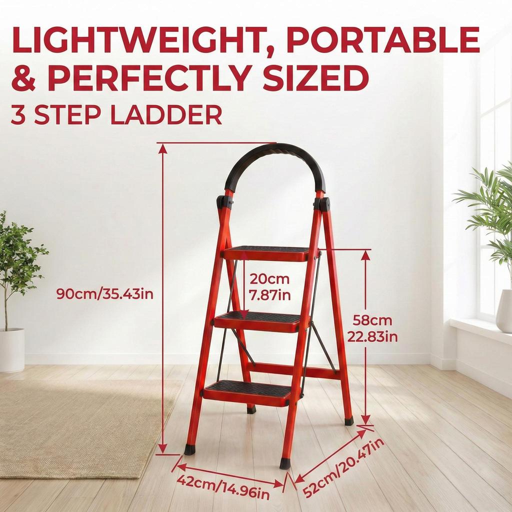 Vertical Ladder Step Ladder, 3 Folding Stool, Multi-Purpose Collapsible for Three Home or RV Outdoor Work, Heavy Duty 330 Lbs Load (White, Red)