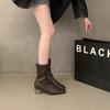 Thick heel square toe black boots women's shoes 2025 new fall and winter fleece brown skinny boots Korean small ankle boots