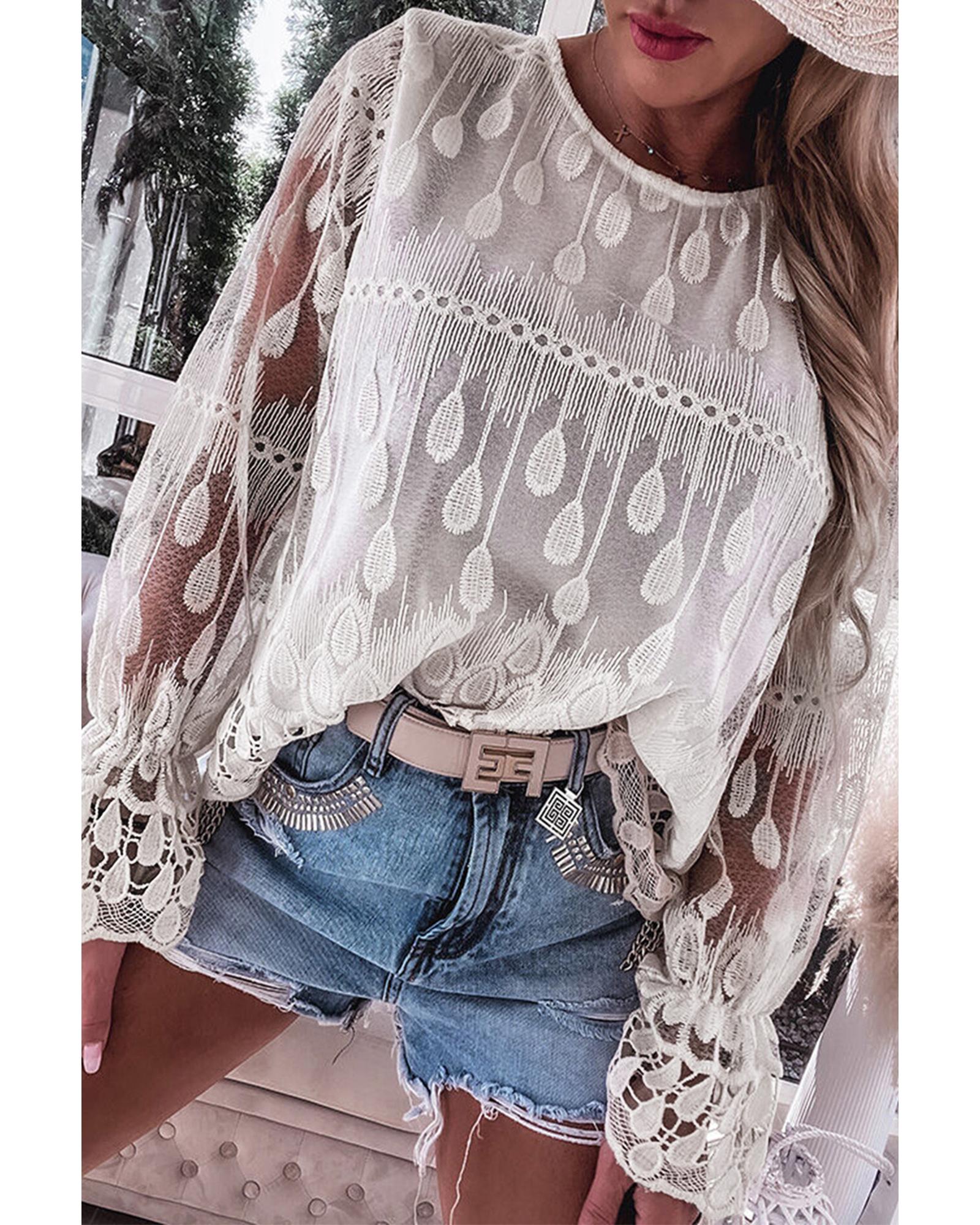 

Azura Exchange Beige Embroidered Mesh Flounce Sleeve Blouse S бежевий