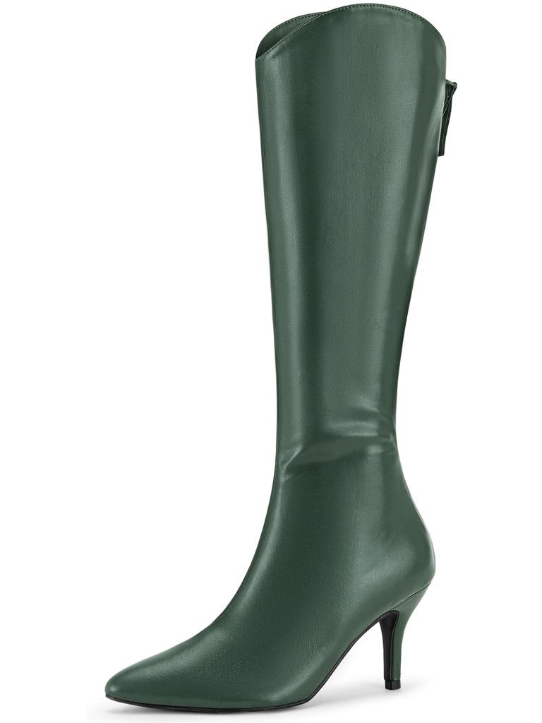 Allegra K Women's Pointed Toe Stiletto Heel Knee-High Boots, Dark Green, Size 27.0cm