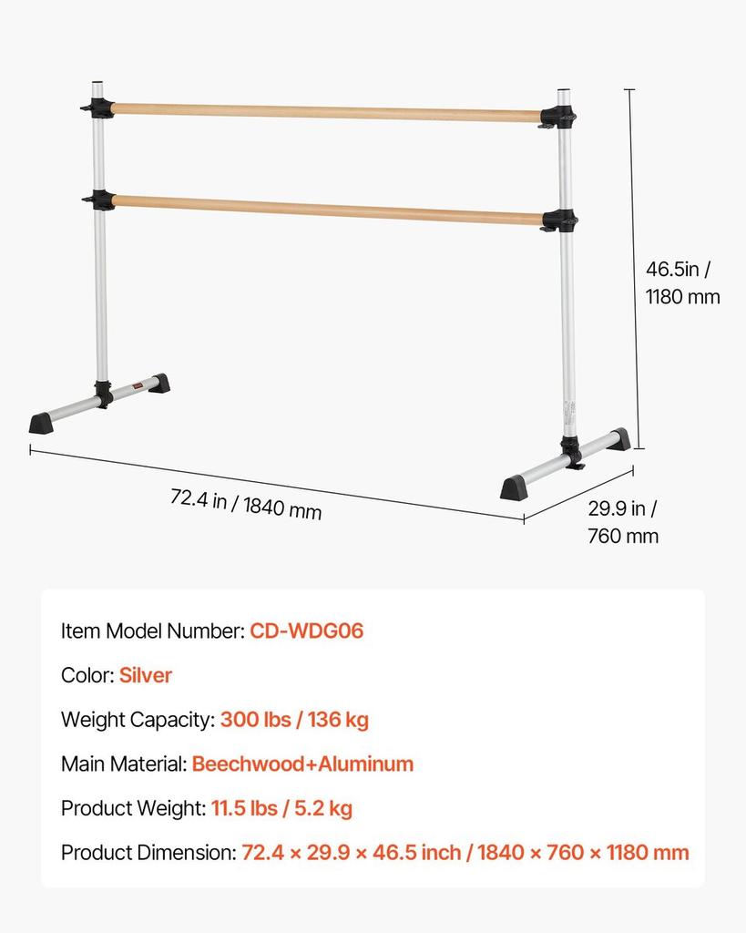 Ballet Barre, Double Beechwood Barre Bar for Home, Freestanding Portable Ballet Stretching Dance Bars, Height Adjustable Anti-Wobble Fitness Gym