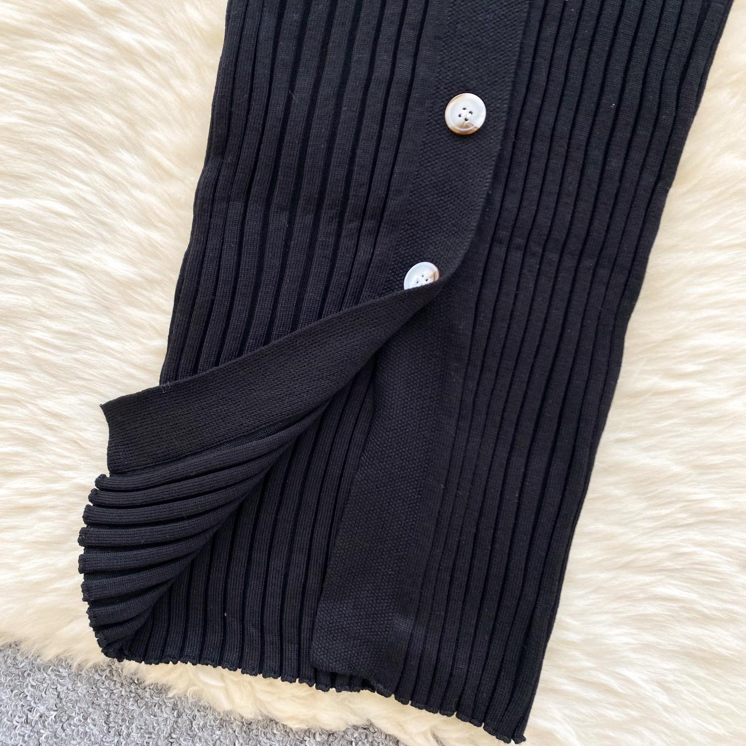 Винтажное отложной воротник элегантное длинное рукав однобортное бандажное трикотажное — фото 9