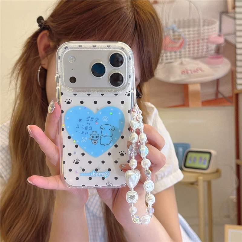 Korean-Style Polka Dot & Heart iPhone 17 Pro Max Case - Black & Blue, Drop-Proof Protection for Apple 16.