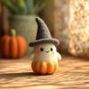 Handmade Felt Halloween Ghost Pumpkin with Wizard Hat Wool Felted Ghost Ornament for Halloween Home Shelf Desk Decor