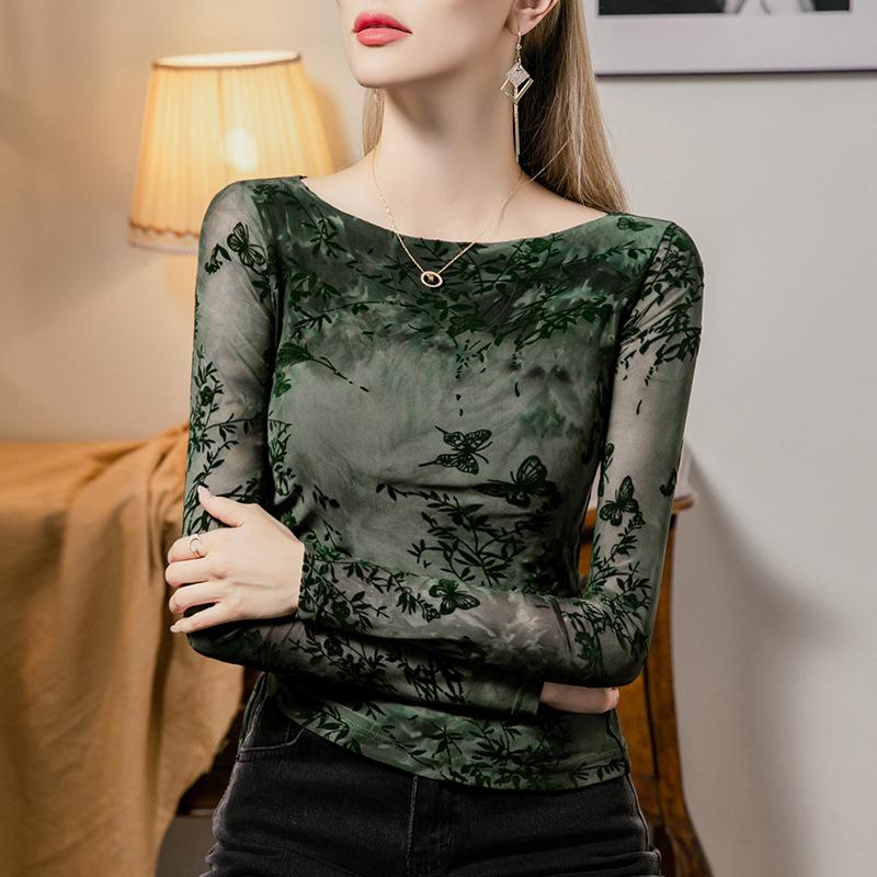 Women s Slim Fit Flocked Mesh Top - One-Shoulder Pleated Patchwork Base Layer for Autumn 2024 XL зелёный