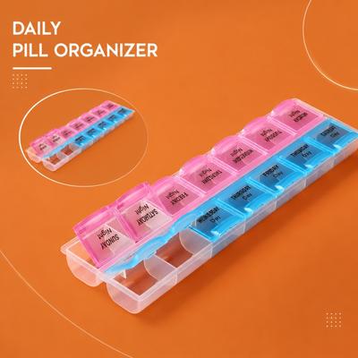 Portable Weekly Pill Organizer Box with Lid Two Rows 14 Compartments Durable Plastic Medicine Storage Container for Daily Use