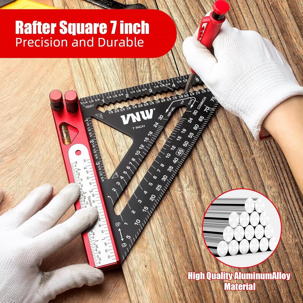 6-in-1 Carpenter Square 7 inch (1/8" Precision) Rafter Square Multi-Purpose Carpenter Tools:Square,Protractor, 1/16" Precision Steel Ruler,Marking