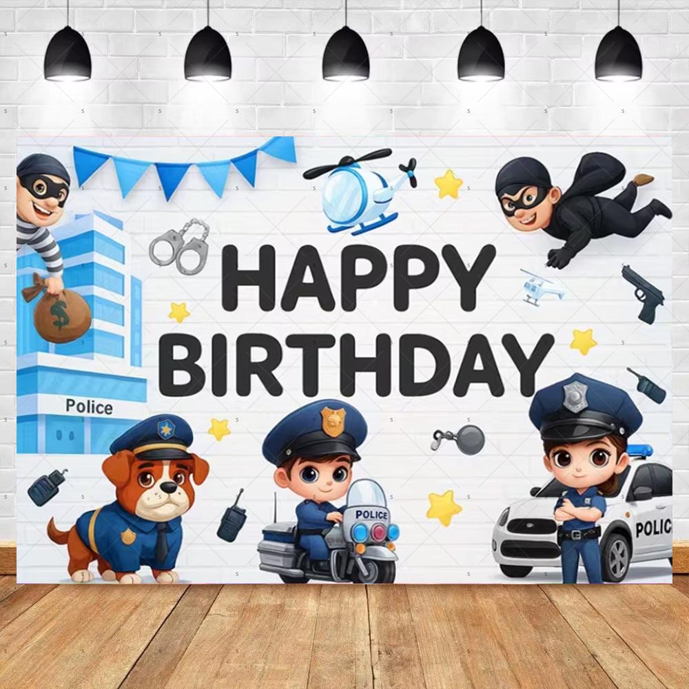 Cartoon Police Backdrop Police Station Car Background Banner Kid Birthday Party Decoration Baby Shower Supplies Photography Prop